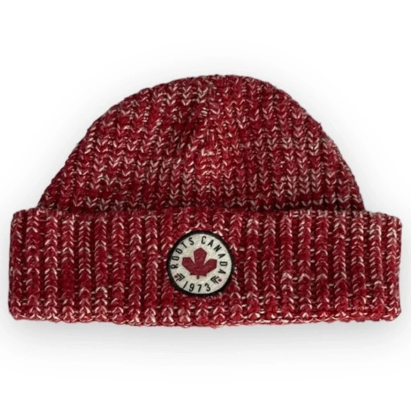 ROOTS Kids Fisherman Cuff Beanie Red White Marled Ribbed Knit Toque OS - Picture 1 of 7
